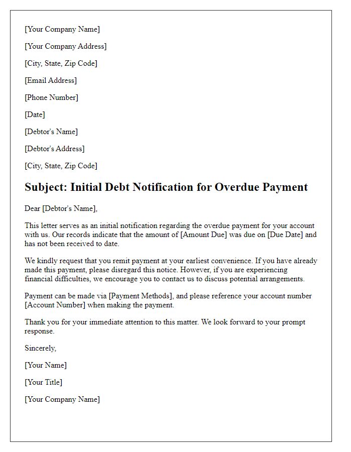 Letter template of initial debt notification for overdue payments.