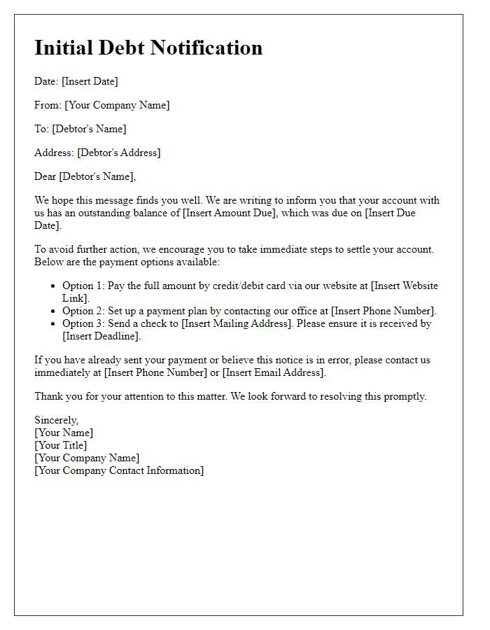 Letter template of initial debt notification with payment options.