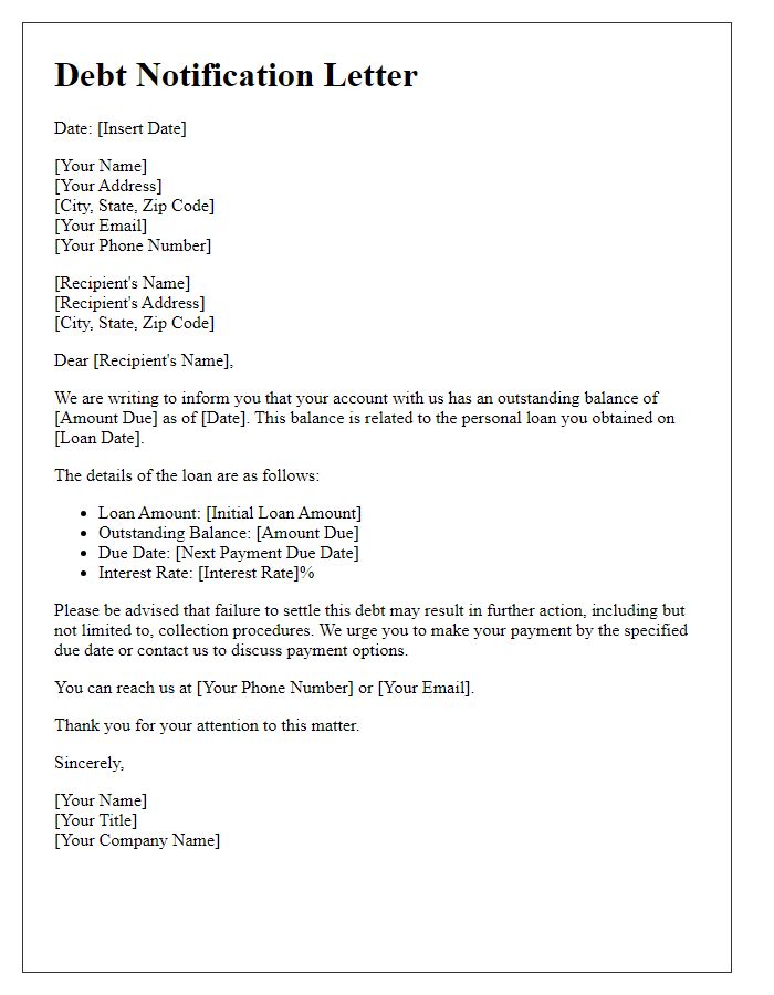 Letter template of initial debt notification for personal loans.