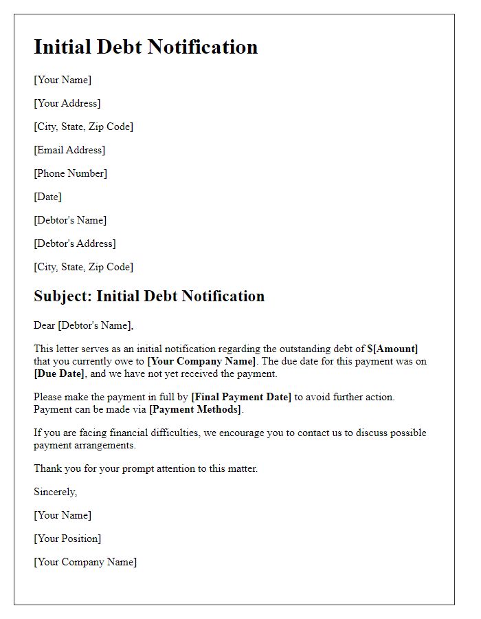 Letter template of initial debt notification that includes a demand for payment.