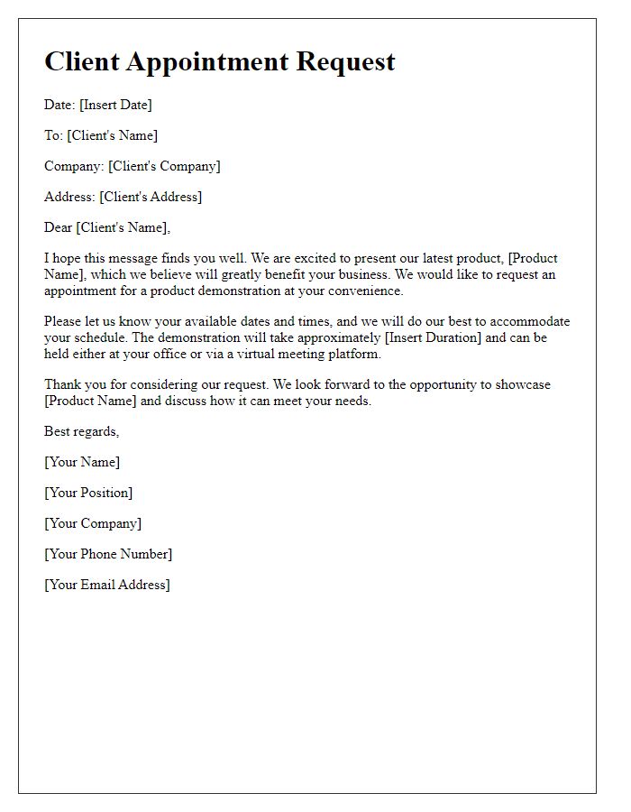 Letter template of Client Appointment Request for Product Demonstration