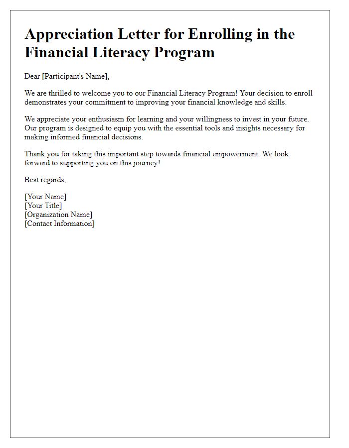 Letter template of appreciation for enrolling in the financial literacy program