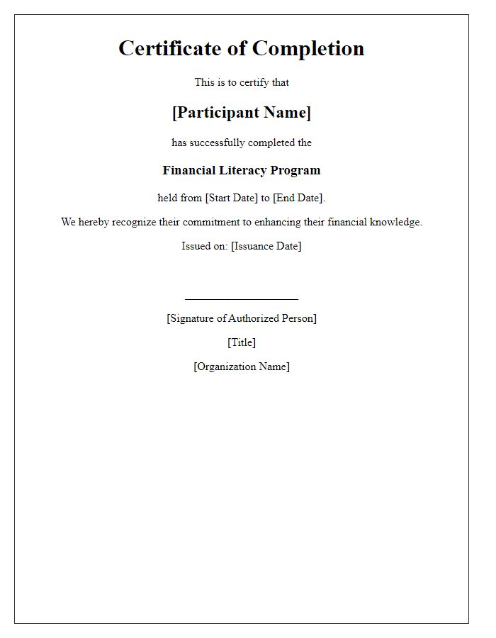 Letter template of completion certificate for the financial literacy program