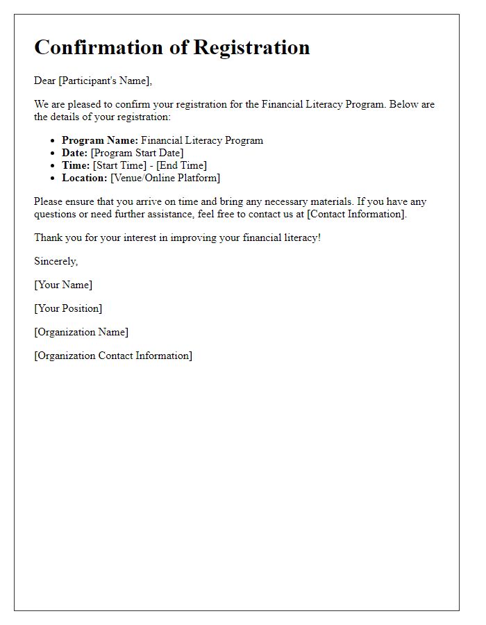 Letter template of confirmation for financial literacy program registration