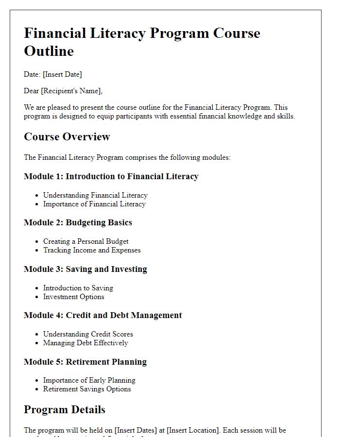 Letter template of course outline for the financial literacy program