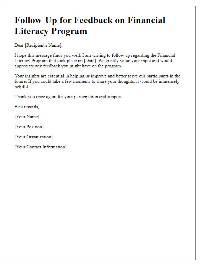 Letter template of follow-up for feedback on the financial literacy program