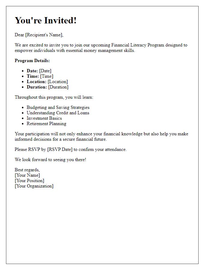 Letter template of invitation to join a financial literacy program