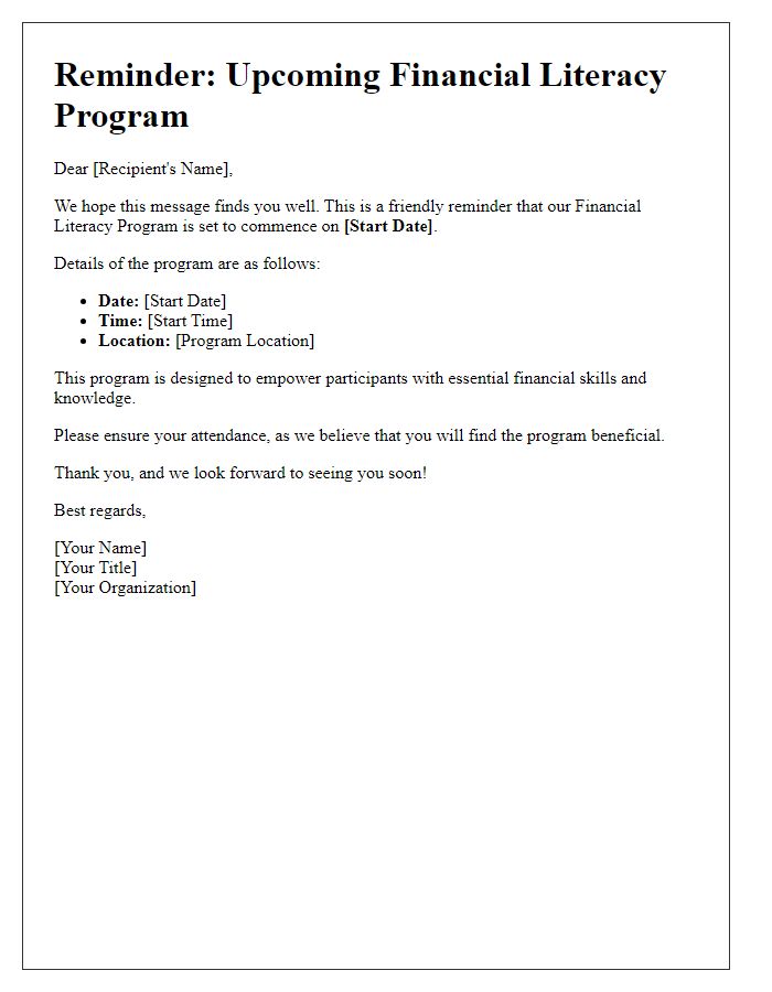 Letter template of reminder for financial literacy program start date