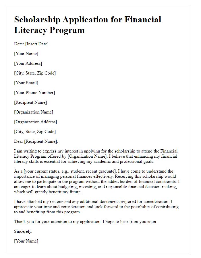 Letter template of scholarship application for financial literacy program