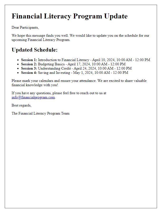 Letter template of updates regarding the financial literacy program schedule