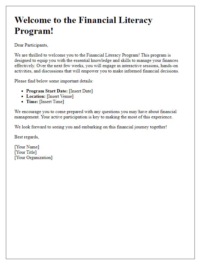 Letter template of welcome to participants of the financial literacy program