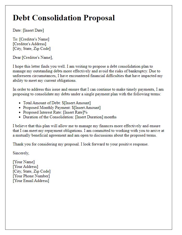 Letter template of debt consolidation proposal to avoid bankruptcy risks.