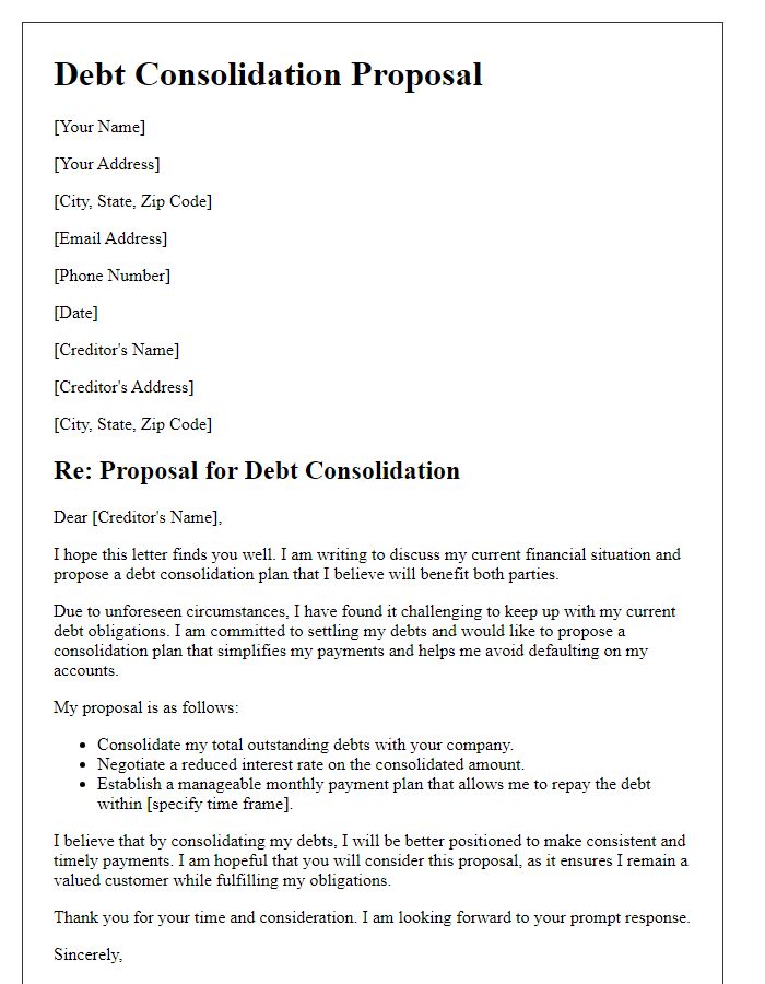 Letter template of debt consolidation proposal to negotiate with creditors.