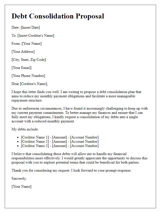 Letter template of debt consolidation proposal to reduce monthly payments.
