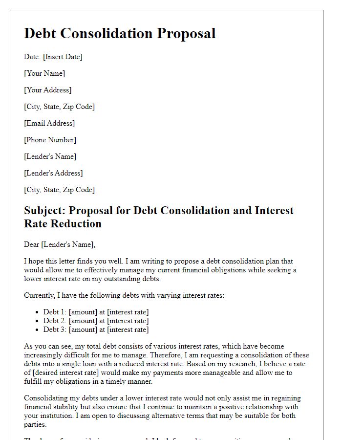 Letter template of debt consolidation proposal seeking lower interest rates.