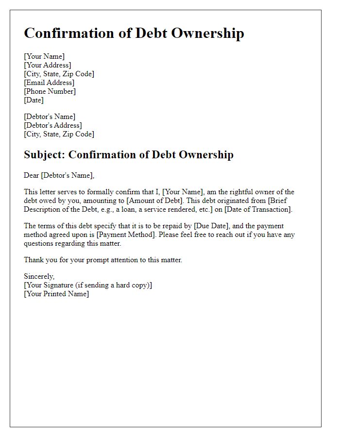 Letter template of confirmation of debt ownership