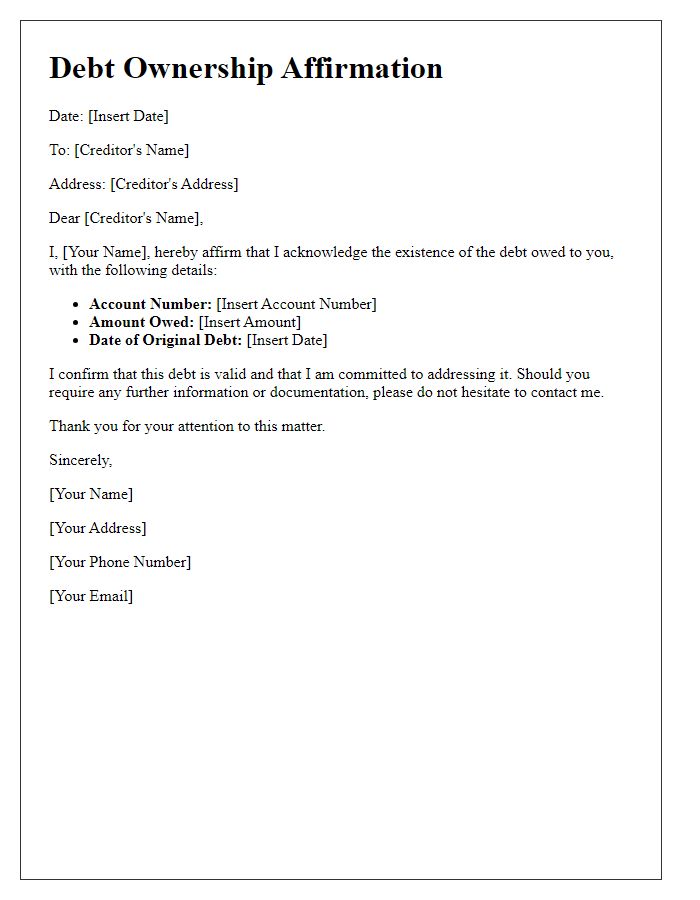 Letter template of debt ownership affirmation