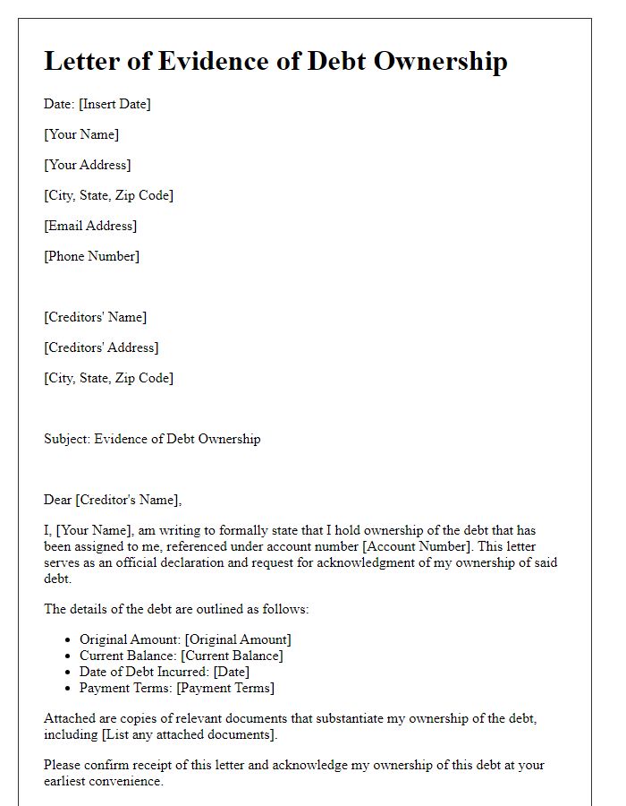 Letter template of evidence of debt ownership