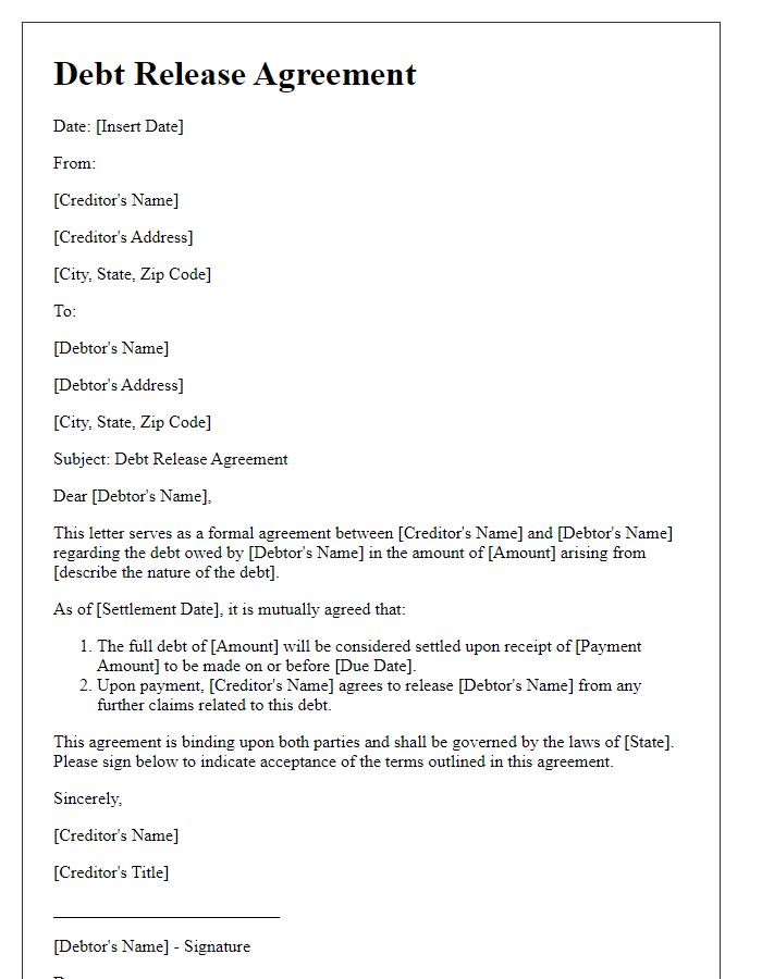 Letter template of Debt Release Agreement