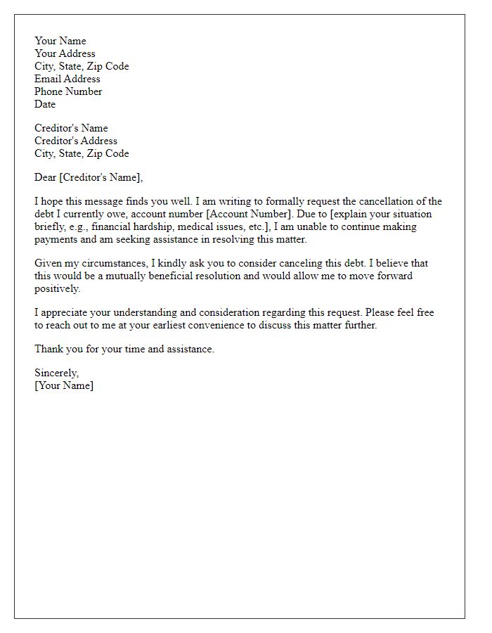 Letter template of Request for Debt Cancellation