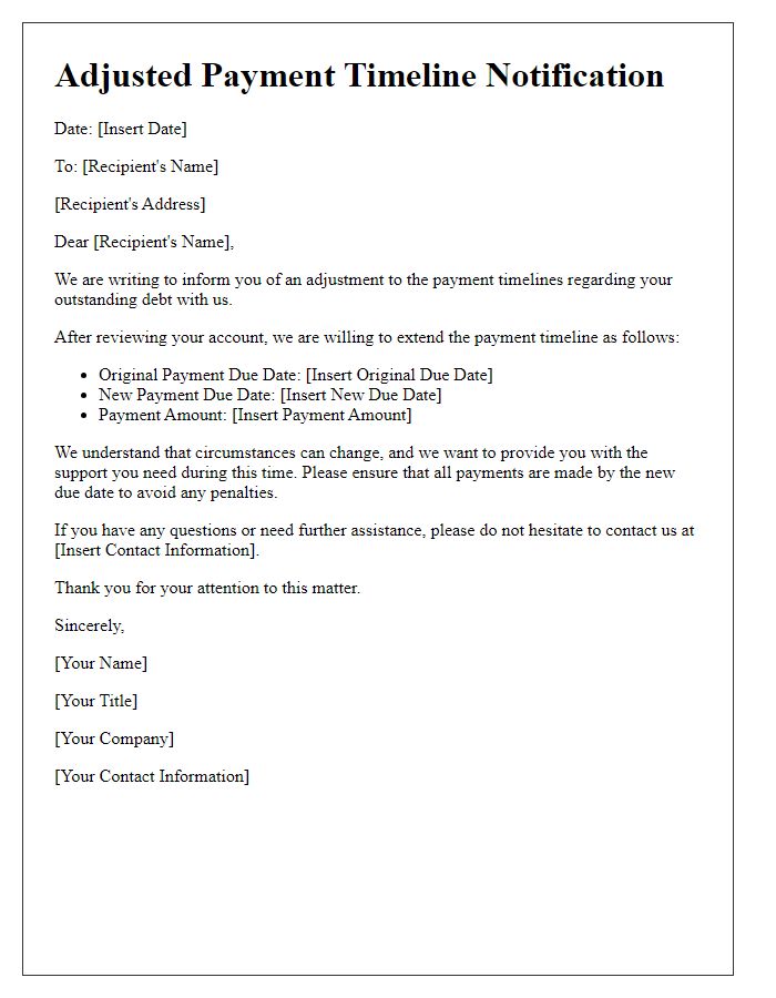 Letter template of adjusted payment timelines for debt