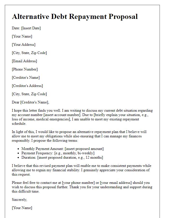 Letter template of alternative debt repayment proposal