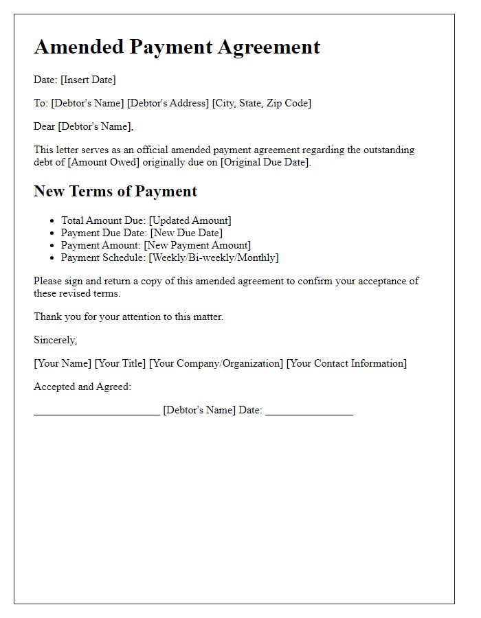 Letter template of amended payment agreement for debt