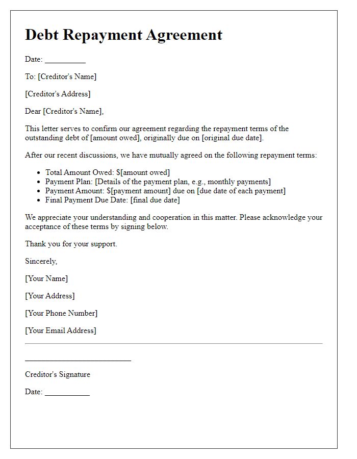 Letter template of negotiated debt repayment terms