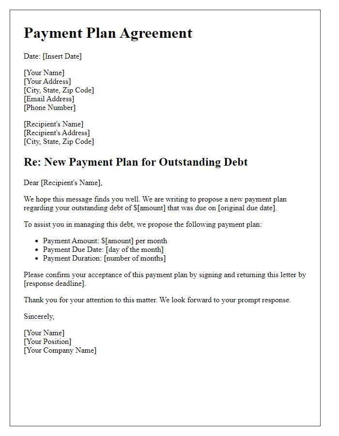 Letter template of new payment plan for outstanding debt