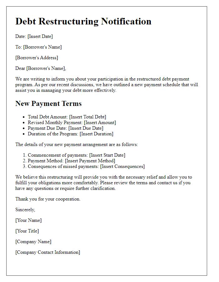 Letter template of restructured debt payment program