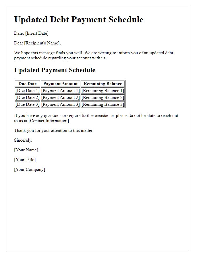 Letter template of updated debt payment schedule