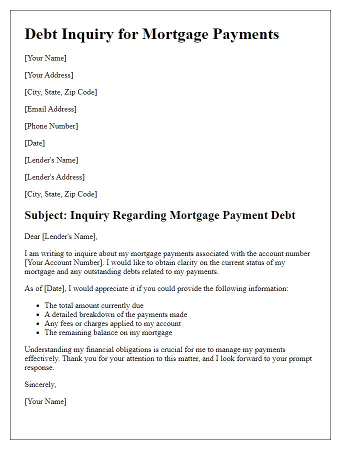 Letter template of debt inquiry for mortgage payments