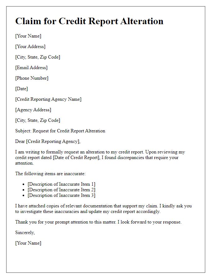 Letter template of Claim for Credit Report Alteration