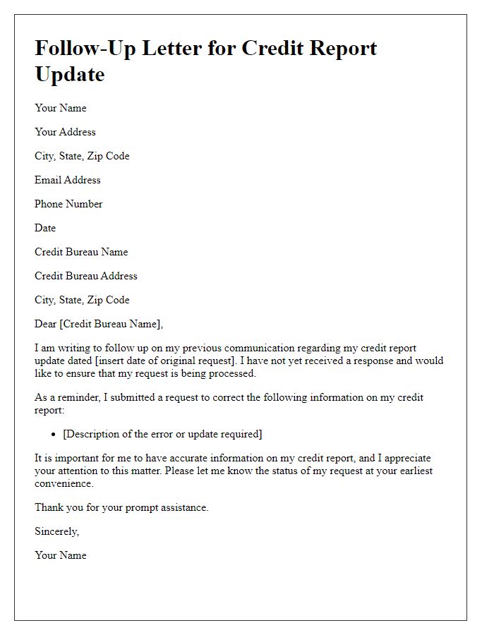 Letter template of Follow-Up for Credit Report Update