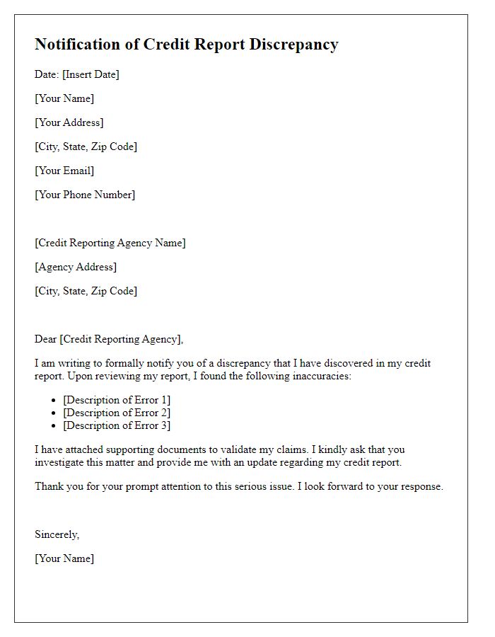 Letter template of Notification for Credit Report Discrepancy