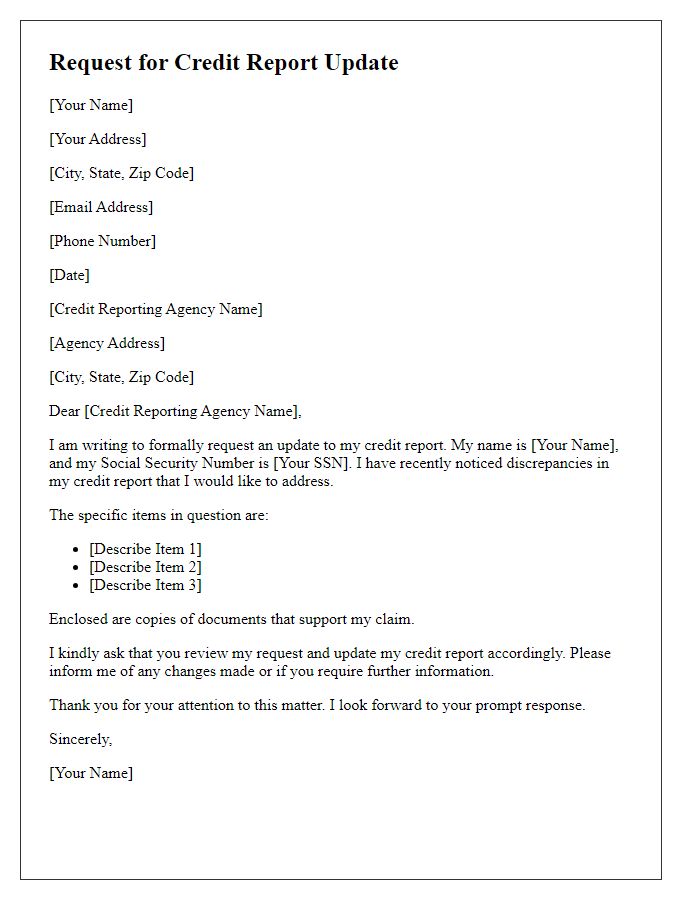 Letter template of Request for Credit Report Update