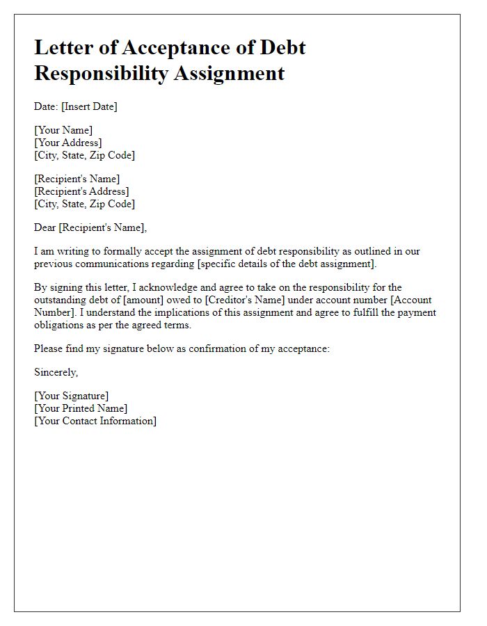 Letter template of acceptance of debt responsibility assignment.