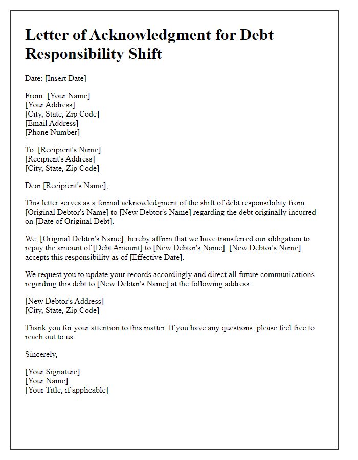 Letter template of acknowledgment for debt responsibility shift.