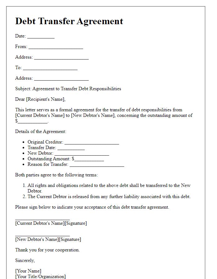 Letter template of agreement to transfer debt responsibilities.