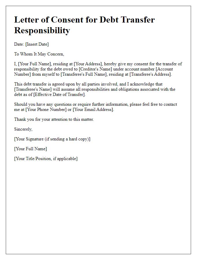 Letter template of consent for debt transfer responsibility.