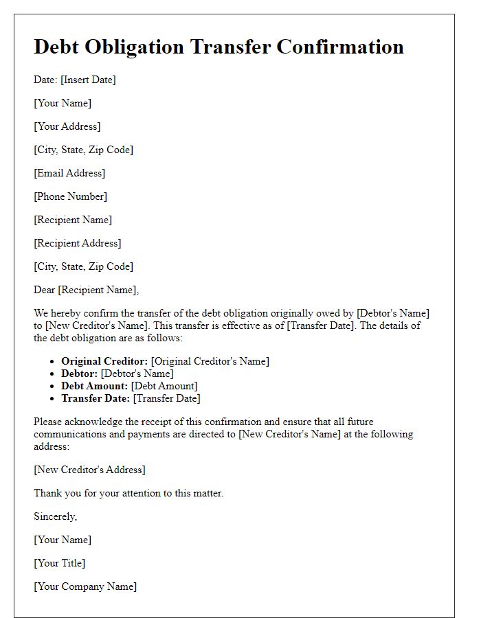 Letter template of debt obligation transfer confirmation.