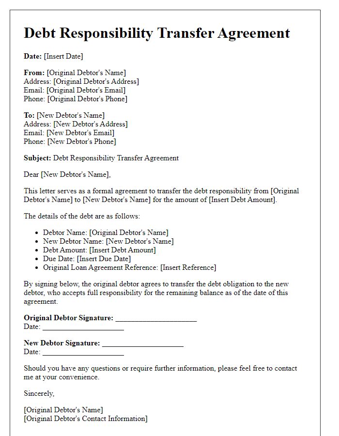 Letter template of debt responsibility transfer agreement.