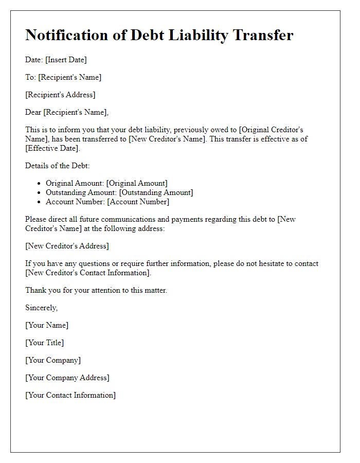 Letter template of notification for debt liability transfer.