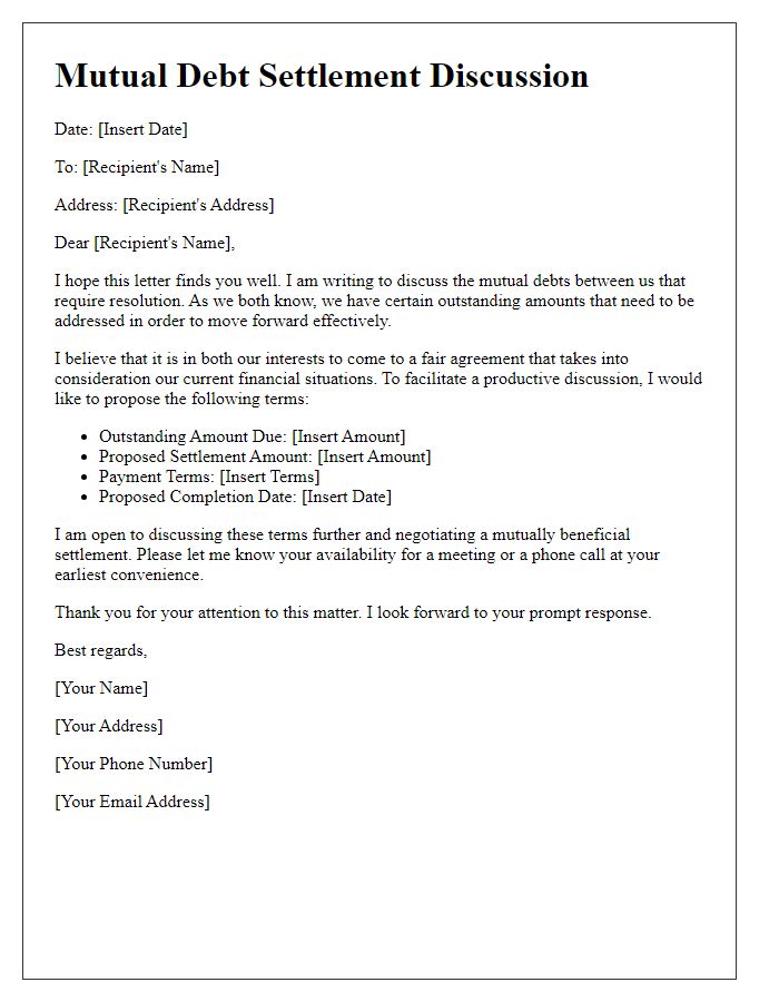 Letter template of mutual debt settlement discussion