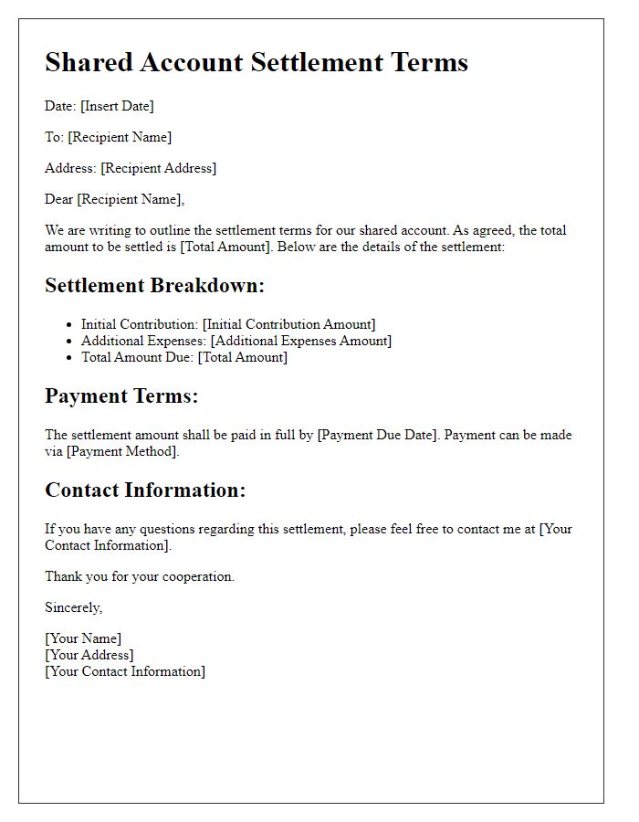 Letter template of shared account settlement terms