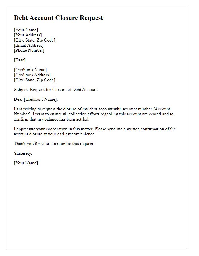 Letter template of debt account closure request for collection accounts.