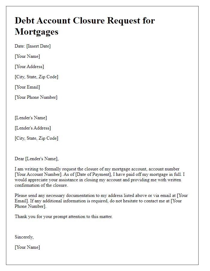 Letter template of debt account closure request for mortgages.