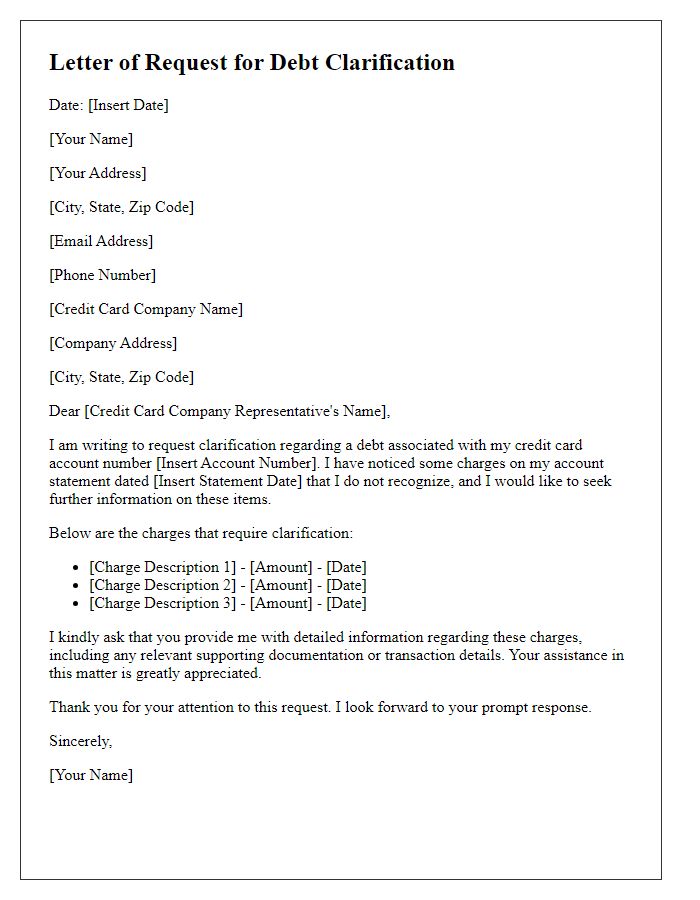 Letter template of request for debt clarification for credit card charges.