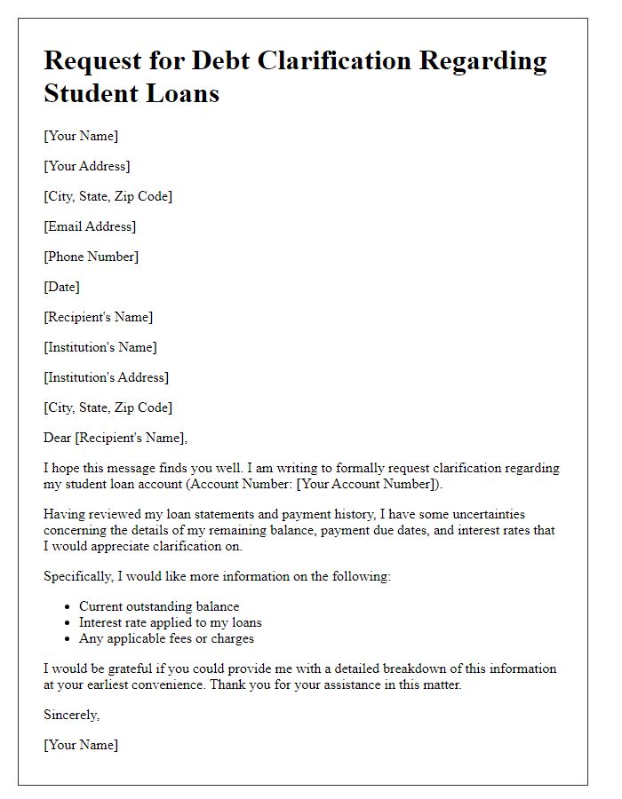 Letter template of request for debt clarification regarding student loans.