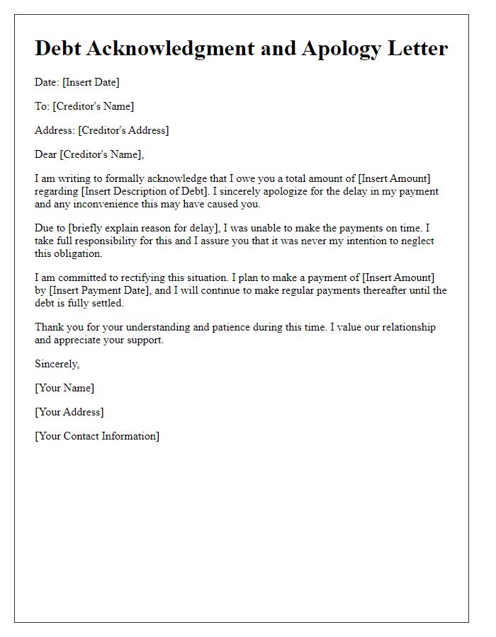 Letter template of debt acknowledgment with apology for delay.